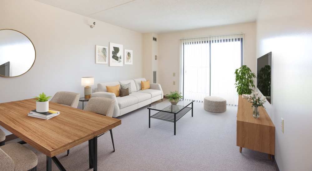 Living space with wall-to-wall carpeting and a large sofa at Park Place Towers in Mount Clemens, Michigan