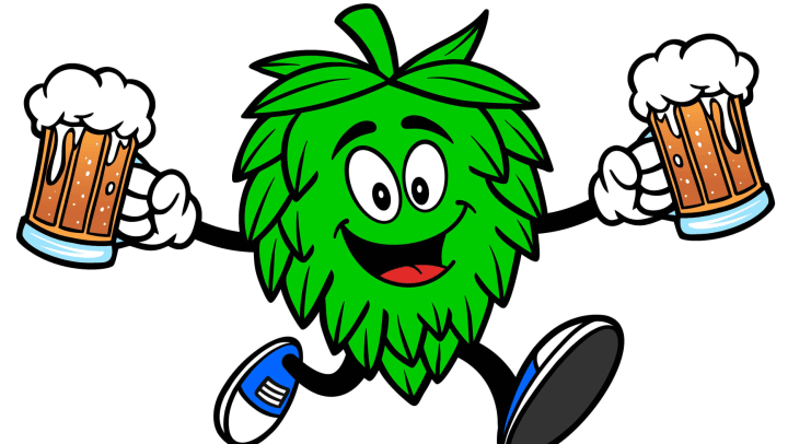 Illustration of a hop mascot running with a couple of mugs of beer
