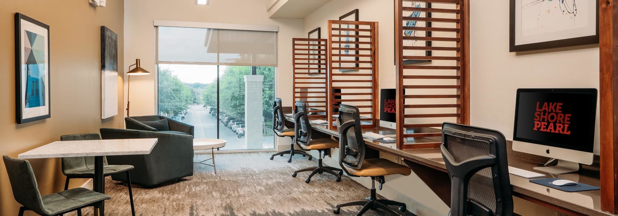 Business center with workstations for resident use at Lakeshore Pearl in Austin, Texas