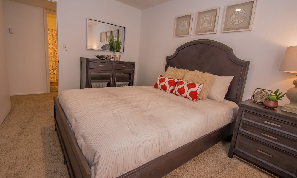Bright bedroom at Windsail Apartments in Tulsa, Oklahoma