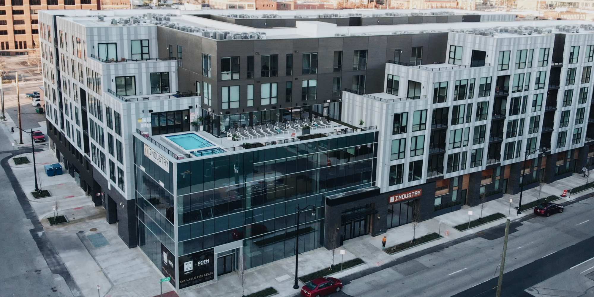 roof top pool view at Industry Columbus Apartments in Columbus, Ohio