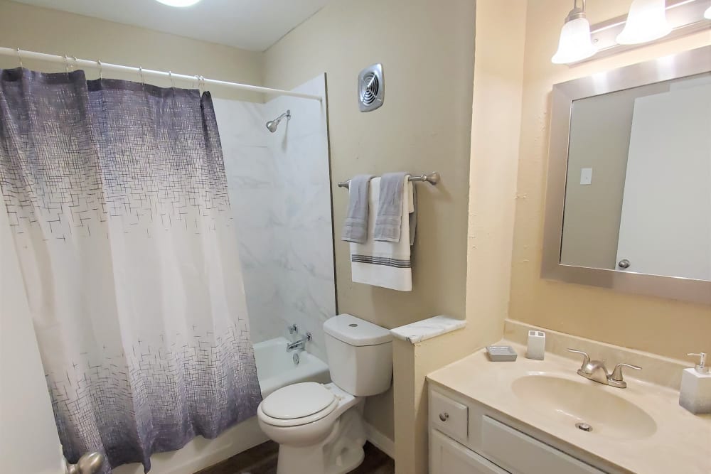 Bathroom with tub/shower, framed mirror at Belmont Place Apartments in Nashville, Tennessee