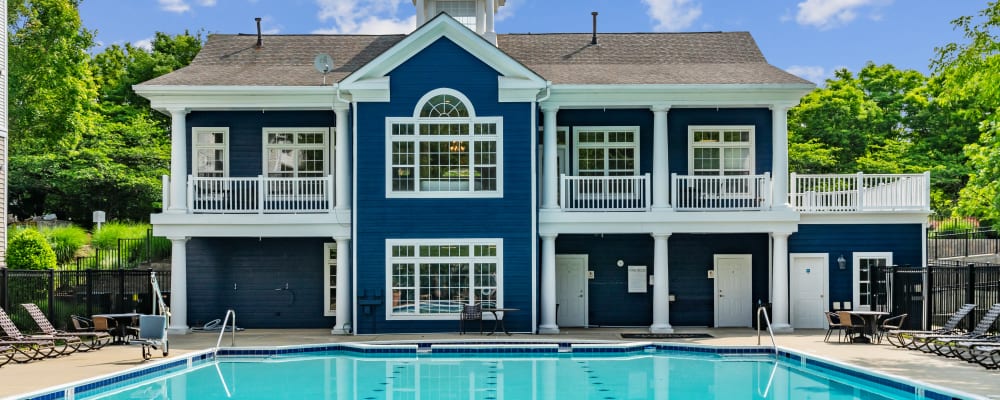 Aerial view of the community swimming pool at Park at Kingsview Village in Germantown, Maryland