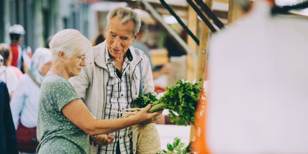 Resident couple out shopping for produce at Wellington Meadows in Fort Atkinson, Wisconsin