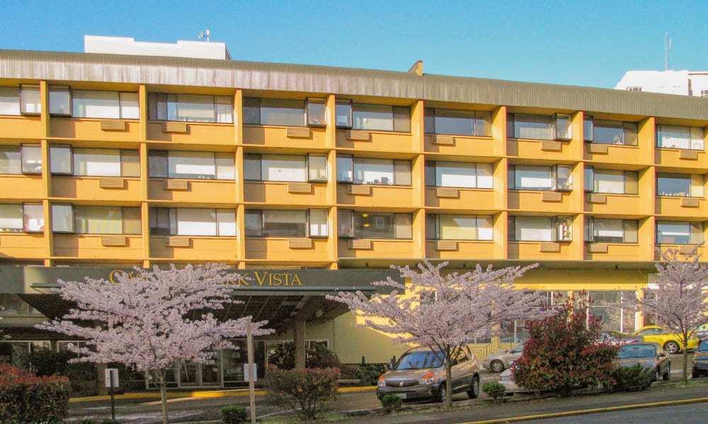 Exterior of our community on a beautiful day at Cascade Park Vista Assisted Living in Tacoma, Washington