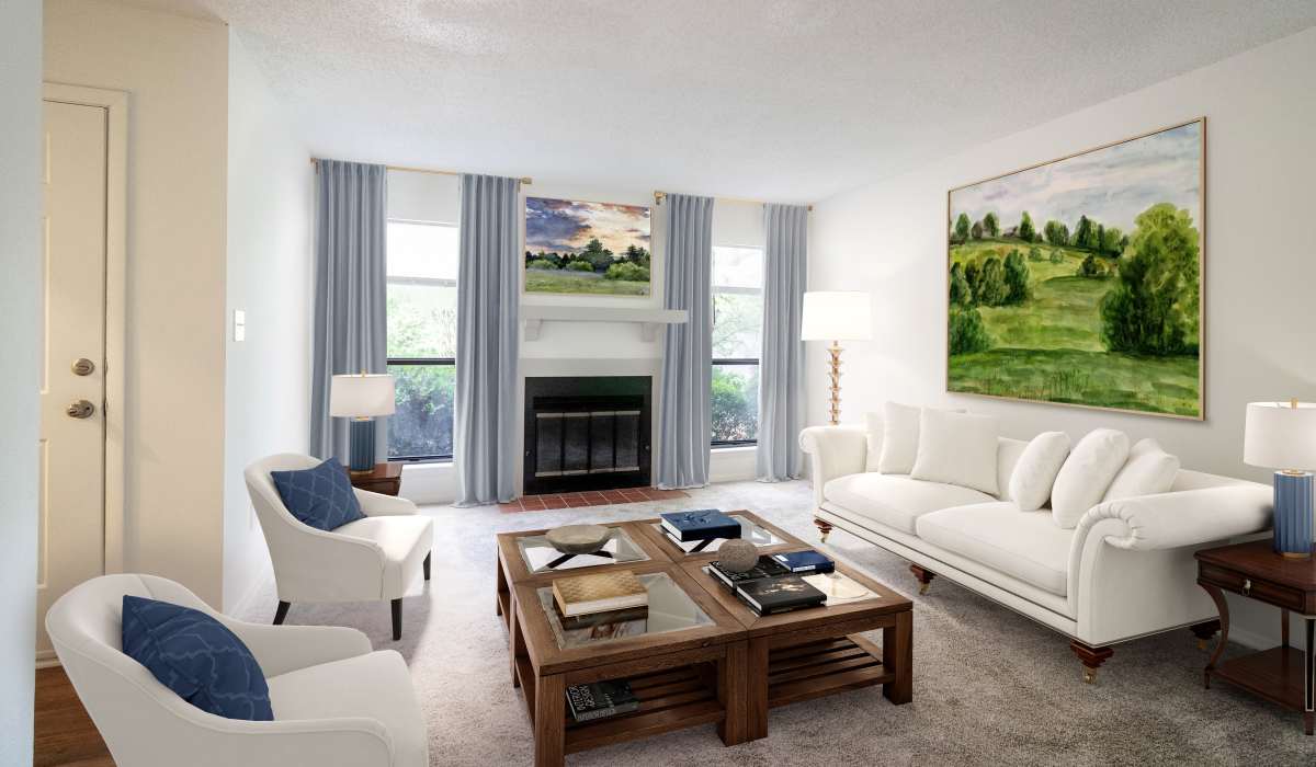 Living room with fireplace at Tanglewood Apartments in Southern Pines, North Carolina