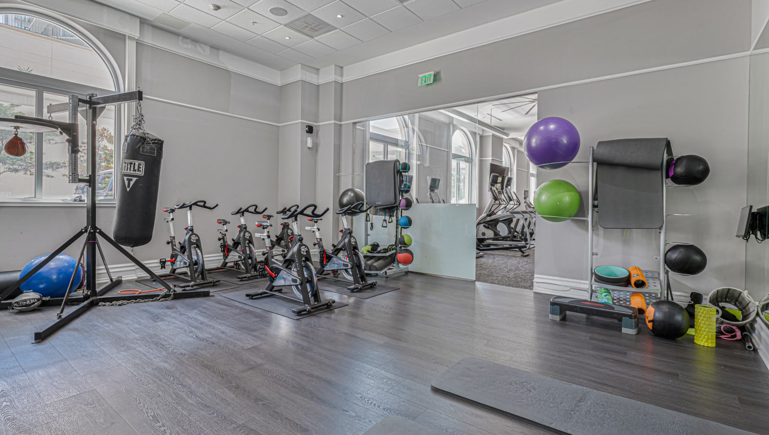 Spin class room in the fitness center at Olympus Harbour Island in Tampa, Florida
