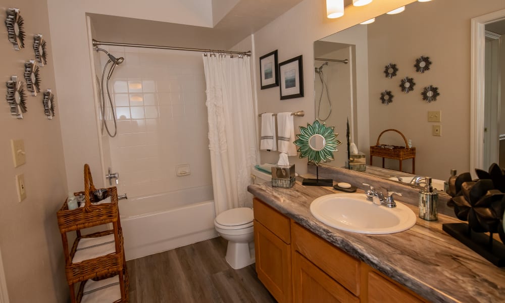 An apartment bathroom at Crown Pointe Apartments in Oklahoma City, Oklahoma