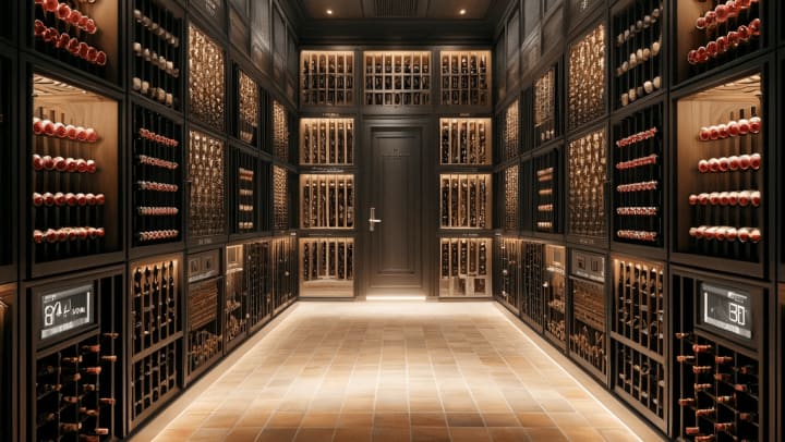 A sophisticated wine cellar showcasing rows of wine bottles stored horizontally on wooden racks, with a dimly lit environment and a climate control system to ensure optimal conditions for long-term aging.