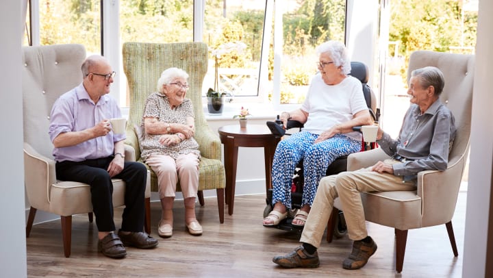 Group of seniors sitting and chatting in conservatory