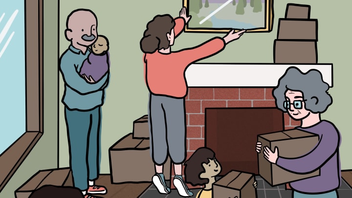 Cartoon image of a multi-generational family working together in a living room to organize