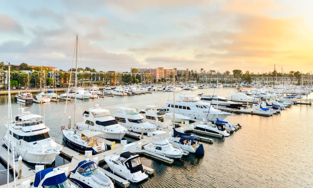 Boats in slips at the marina at Marina Harbor in Marina del Rey, California