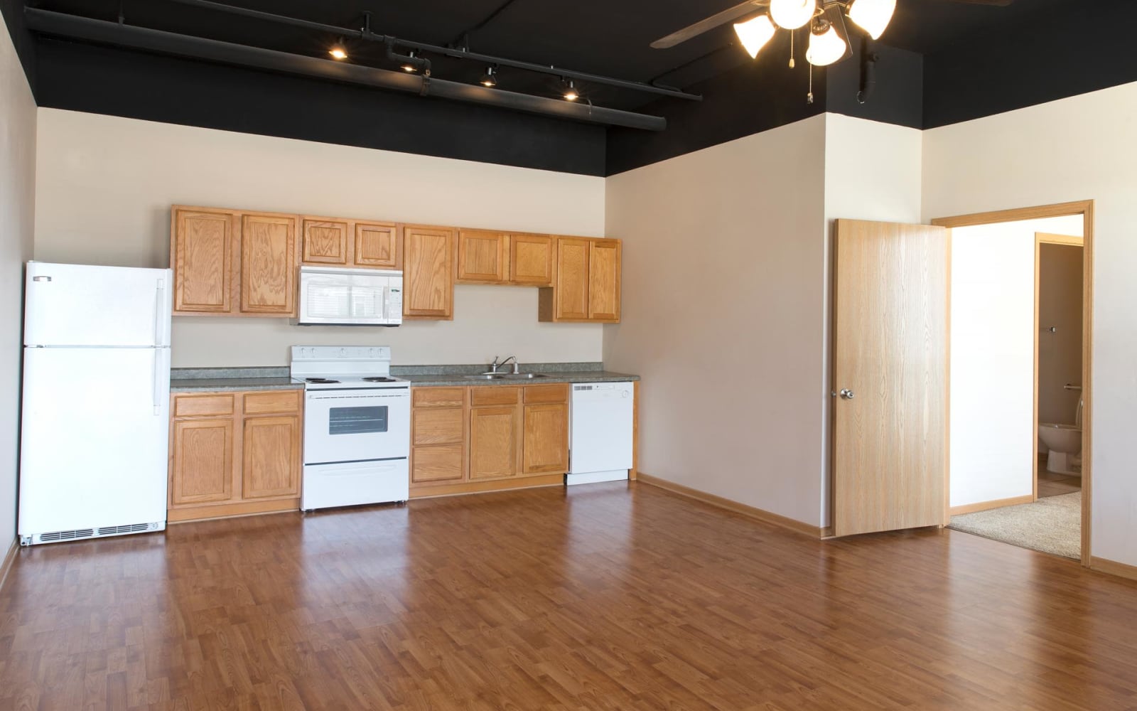Single bedroom apartment kitchen and living room at West Towne in Ames, Iowa