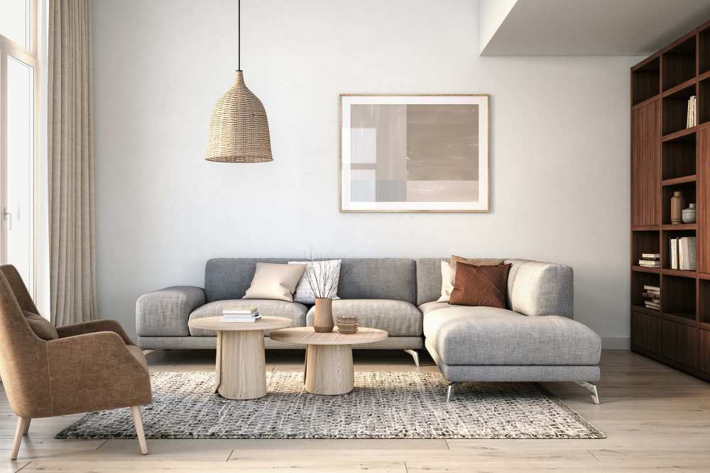 Spacious living room with couch, chair and pendant light at Terraces at the Summit in Sherman Oaks, California