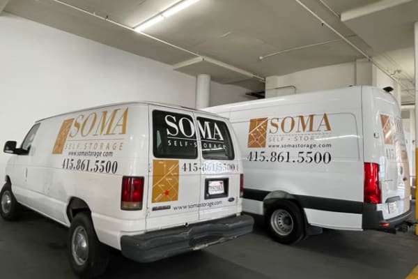 Moving vans at SOMA Self-Storage in San Francisco, California