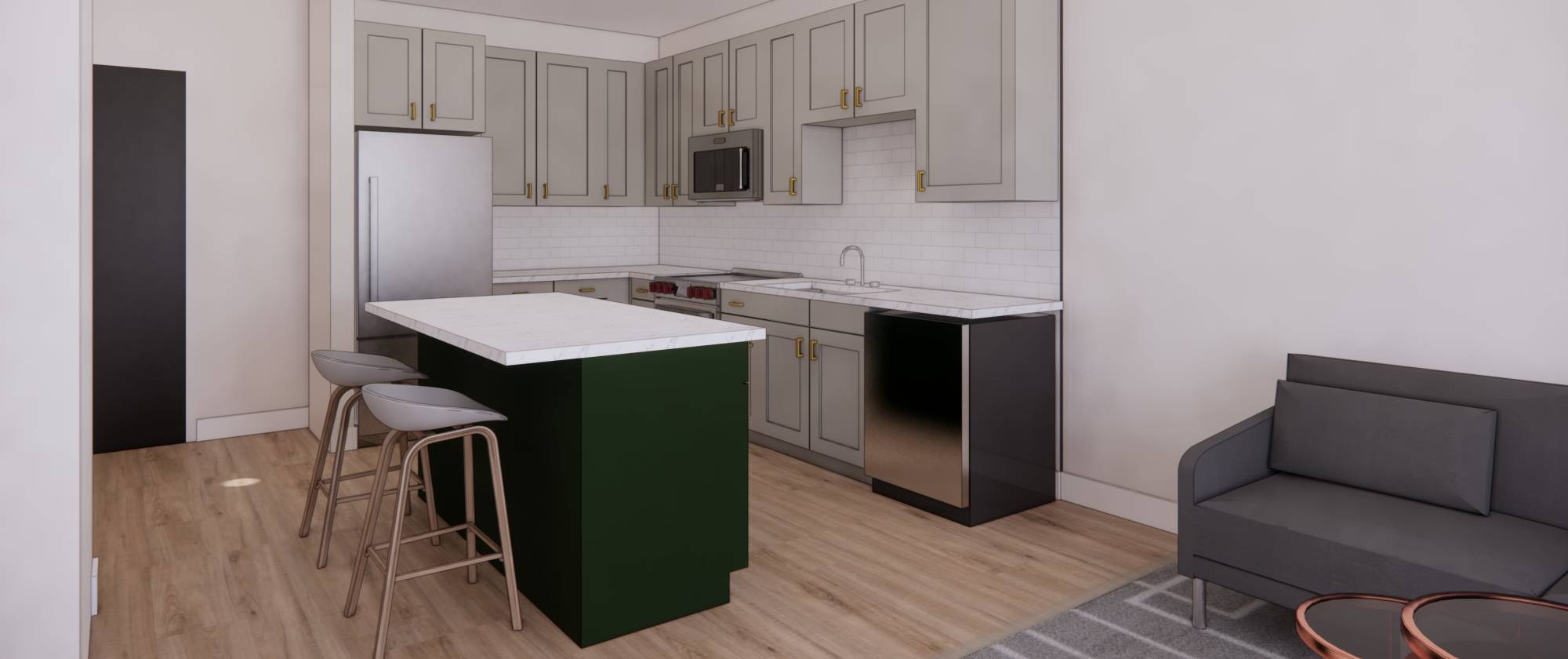 Kitchen with prep island at Factory 52 Apartments in Norwood, Ohio