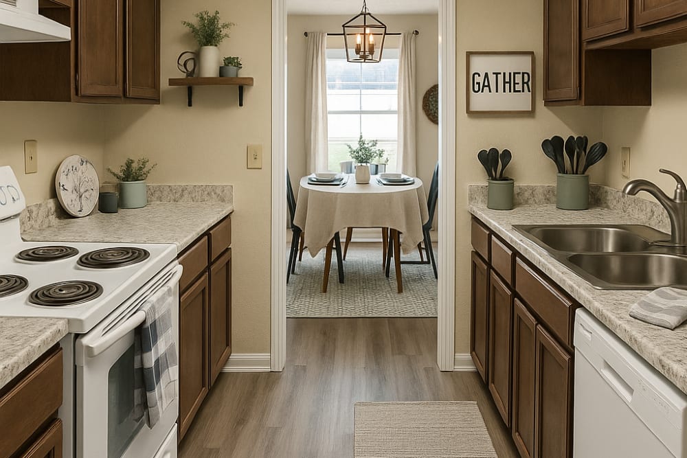 Kitchen with white appliances and wooden flooring at Crown Villa Apartments in Savannah, Georgia