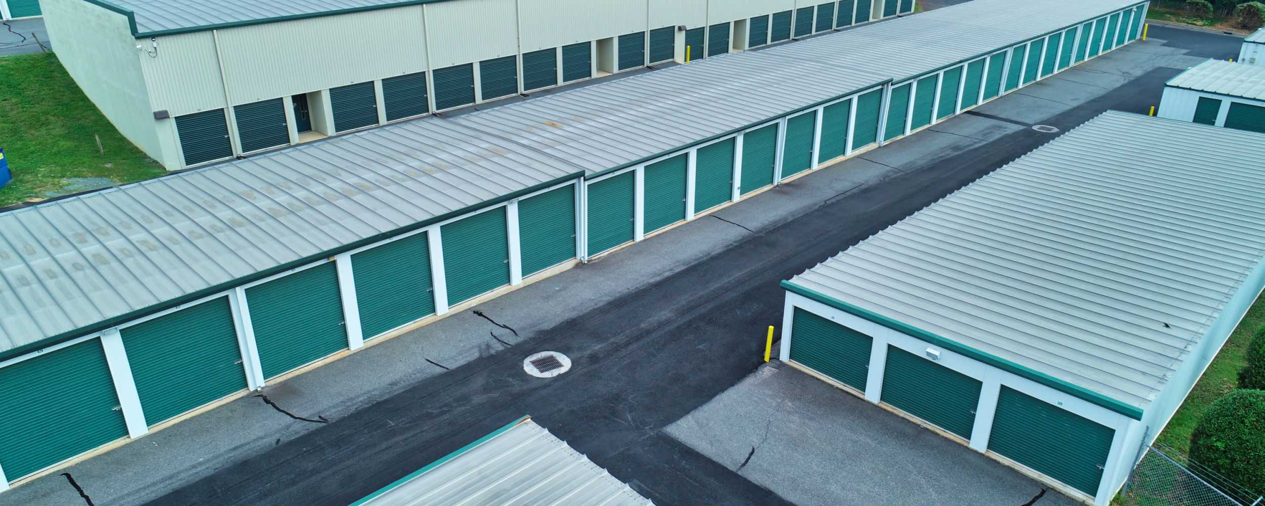 An aerial view of the green exterior units at North Charlottesville Self Storage in Charlottesville, Virginia