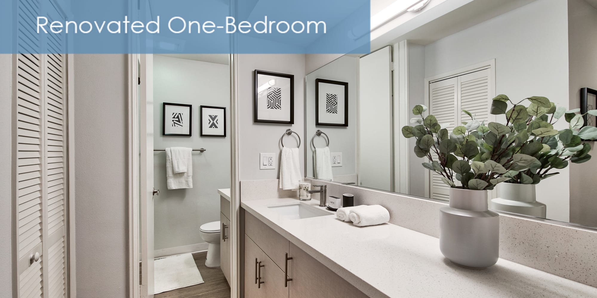 Renovated one-bedroom apartment's bathroom vanity at The Meadows in Culver City, California
