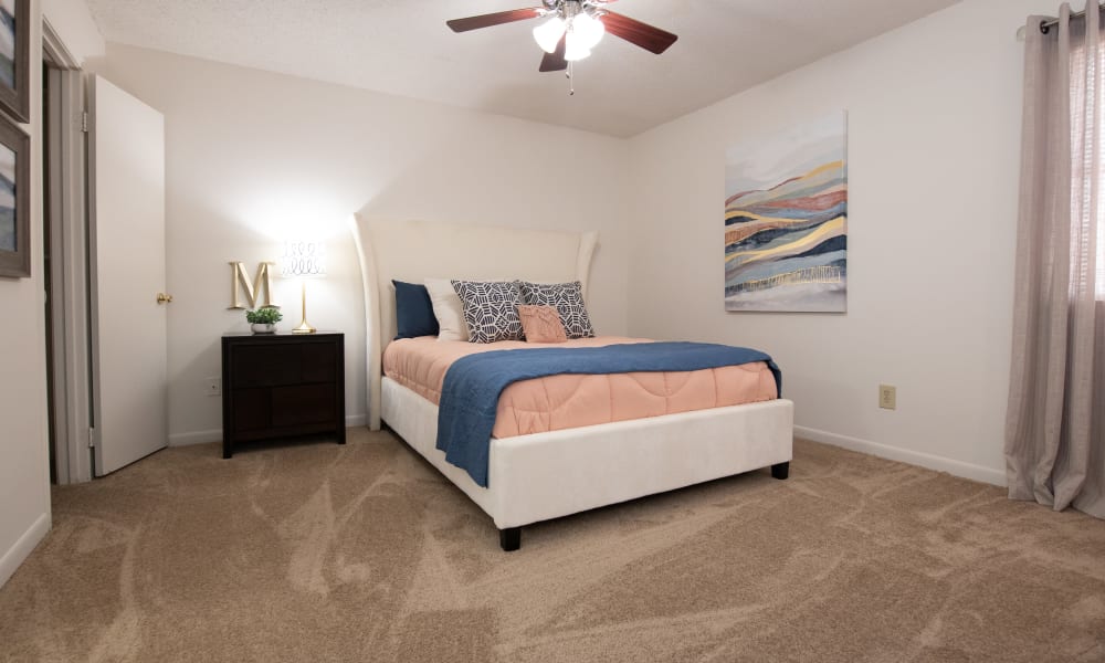 An apartment bedroom at The Mark Apartments in Ridgeland, MS
