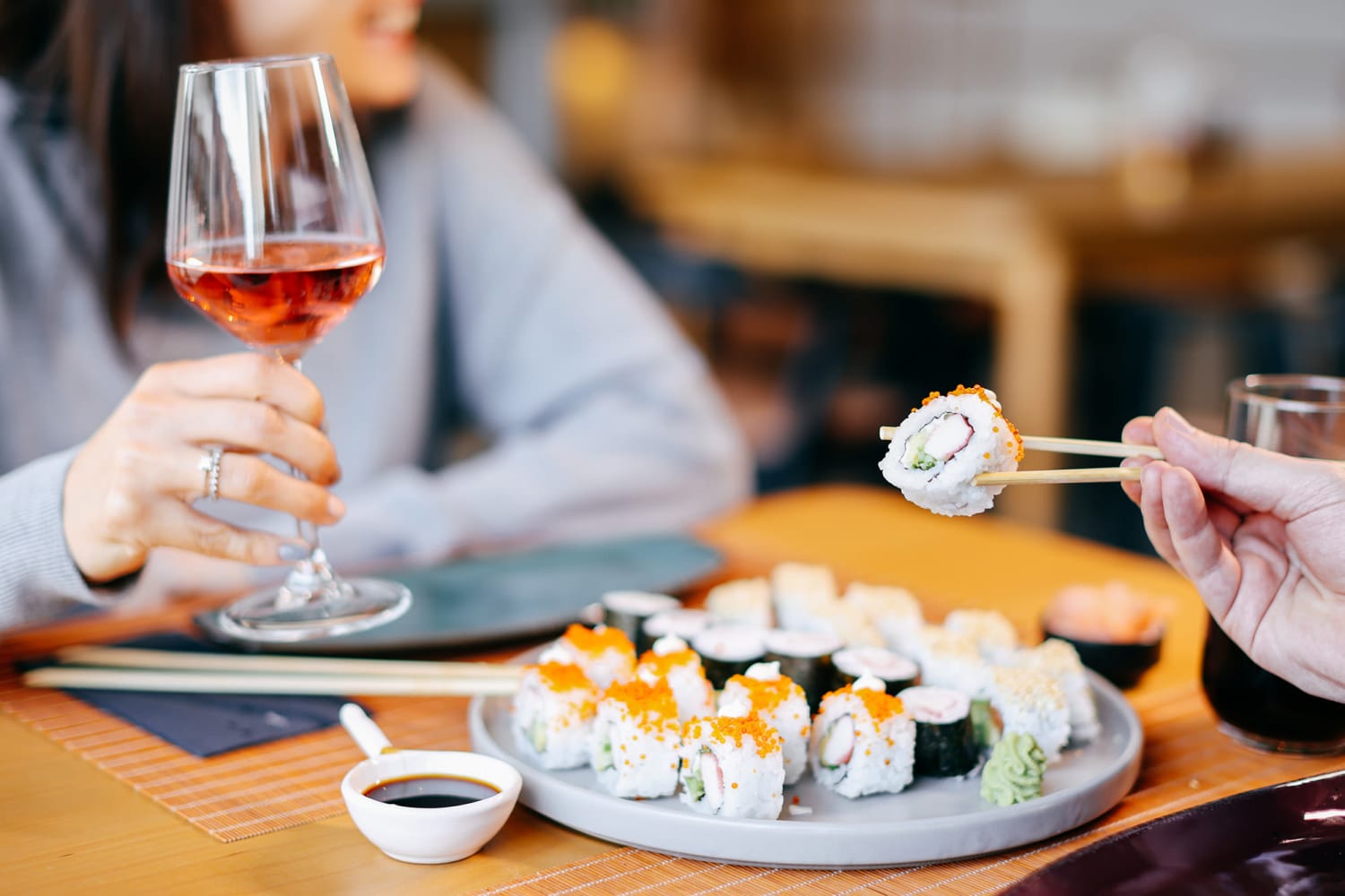 Eating sushi at a restaurant near Pacific West Villas in Westminster, California