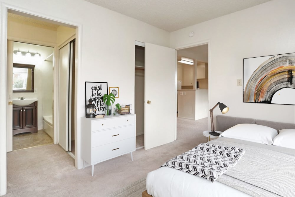 Model bedroom at Parkway Apartment Homes in Fremont, California