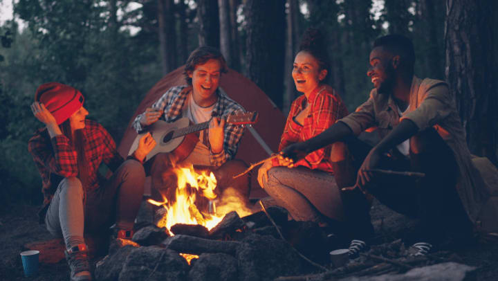A group of friends camping in portland oregon after storing their camping ger at Downtown Self Storage in Portland