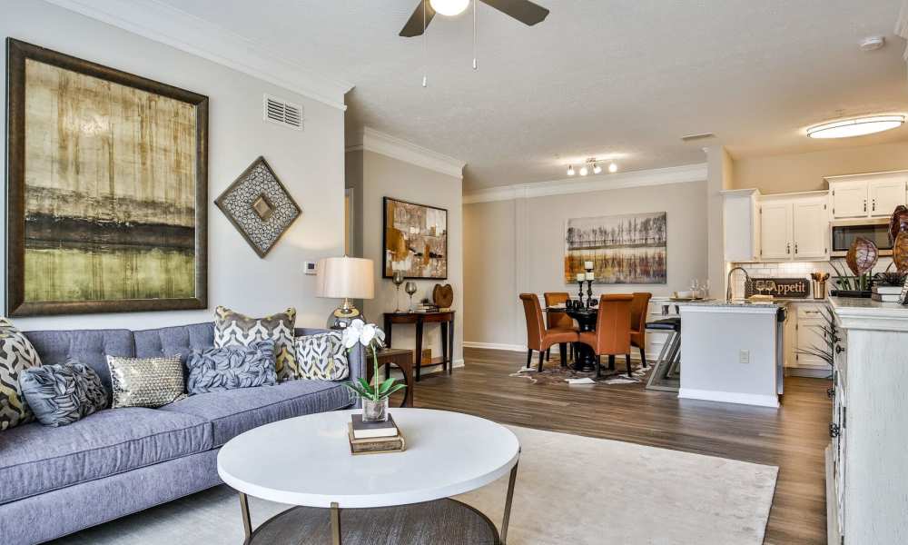 Living room with large rug at Avonlea Highlands in Cartersville, Georgia