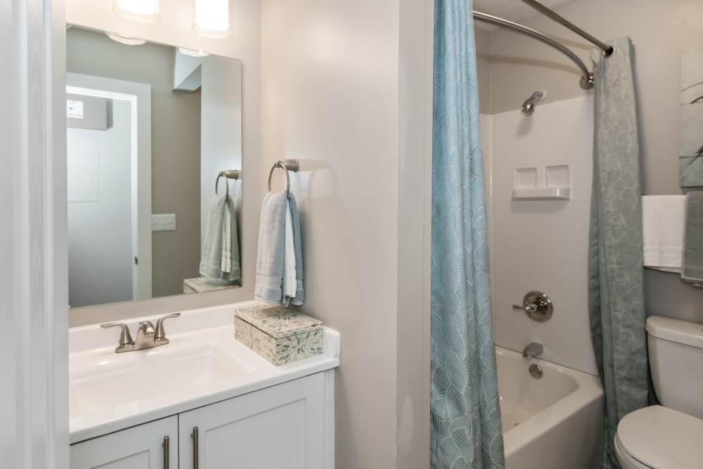 Bathroom with tub/shower combo at Parkside at Castleton Square in Indianapolis, Indiana