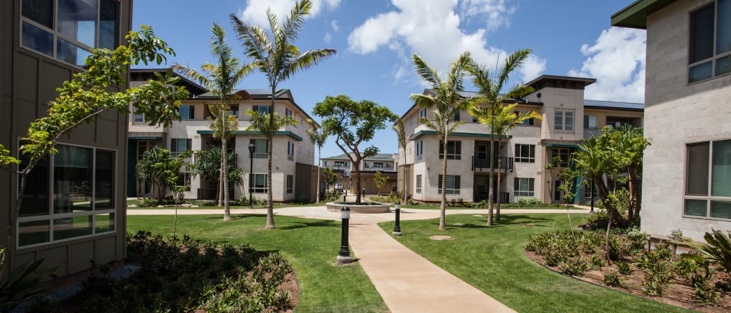 Exterior view of resident buildings at Kapolei Lofts in Kapolei, Hawaii