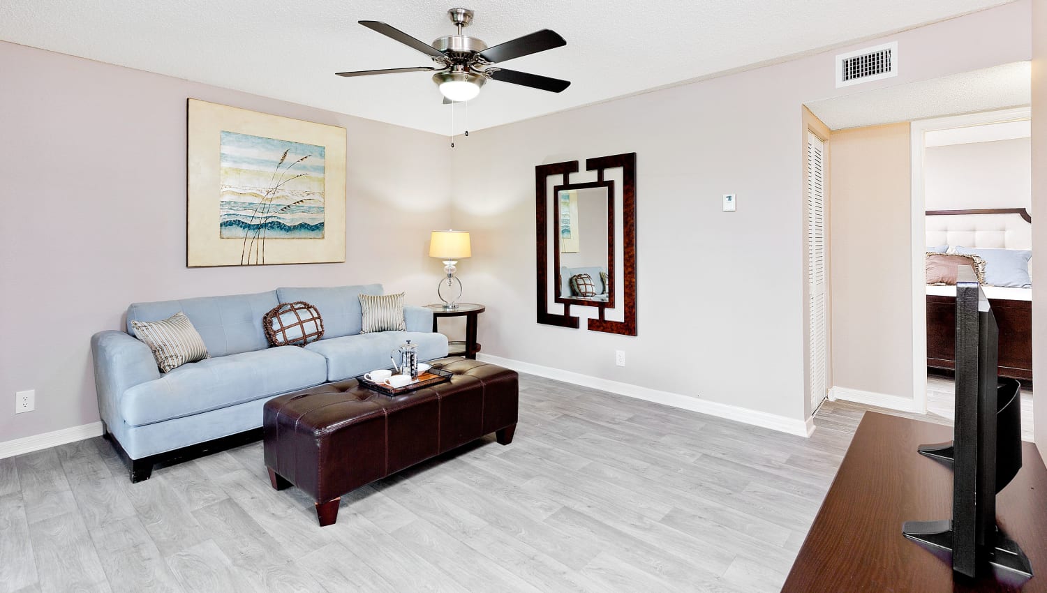 Model living area at Indian Hills Apartments in Boynton Beach, Florida