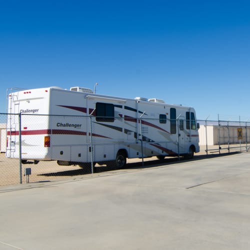 RV parked at A-American Self Storage in Dacono, Colorado
