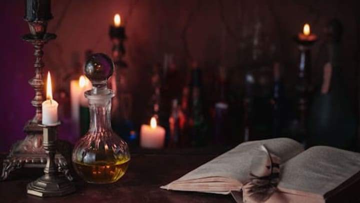 Table setting with bottle of perfume/potion, old books, and candles