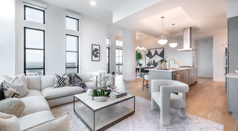 Model home's living space at Novel Turtle Creek in Dallas, Texas