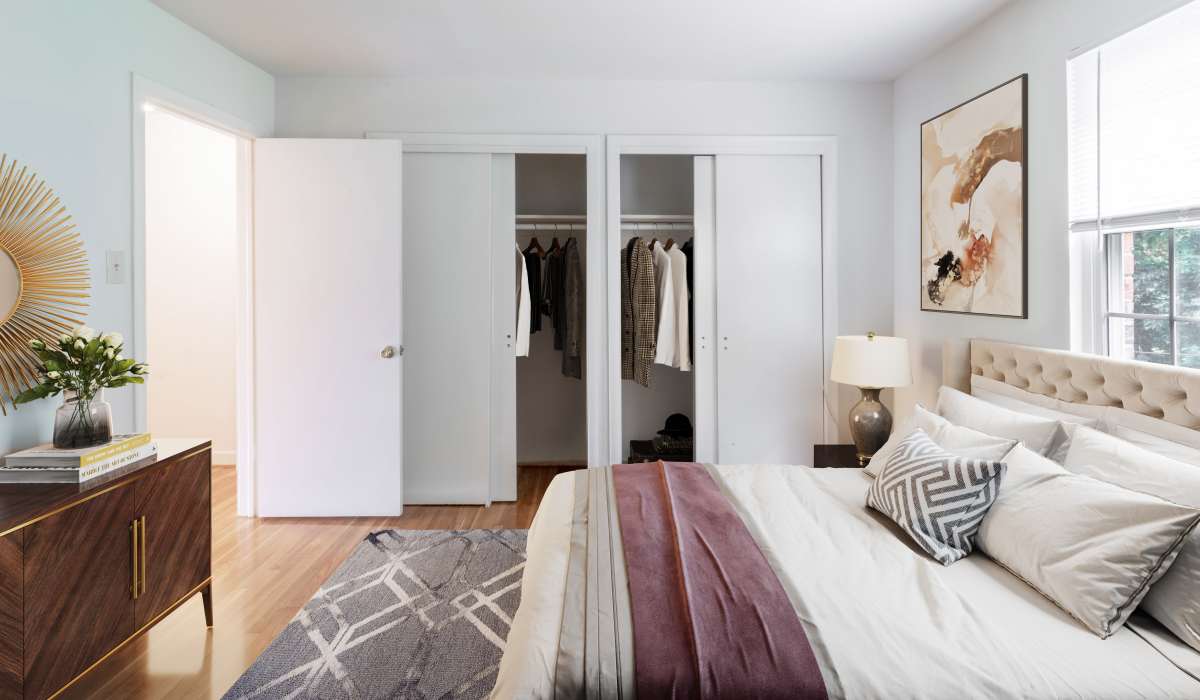 Cozy styled bedroom at Landmark at Gayton Apartments in Richmond, Virginia