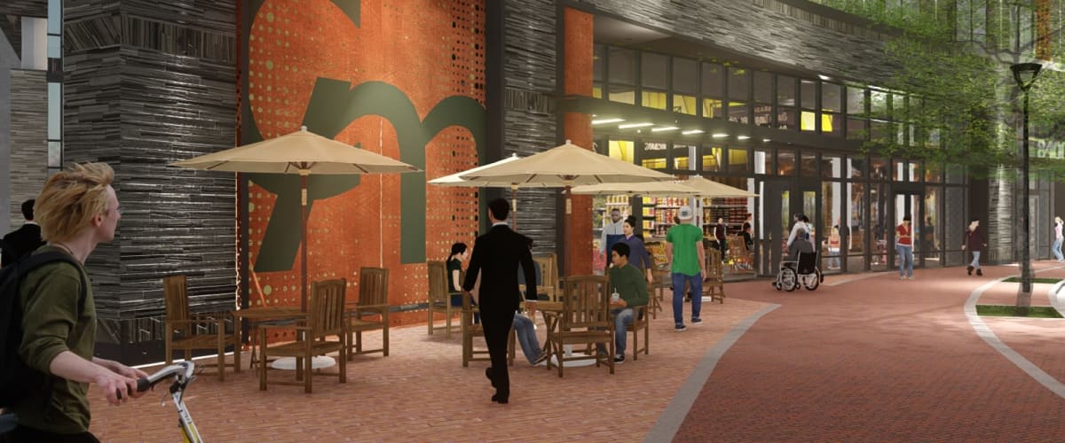 Bustling sidewalk with patio tables and umbrellas outside Solaire 10914 Georgia in Silver Spring, Maryland
