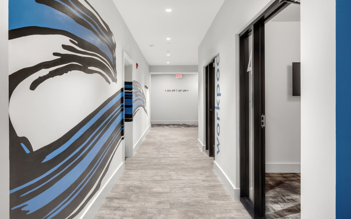 Hallways and Workpods at Arthaus Apartments in Allston, Massachusetts