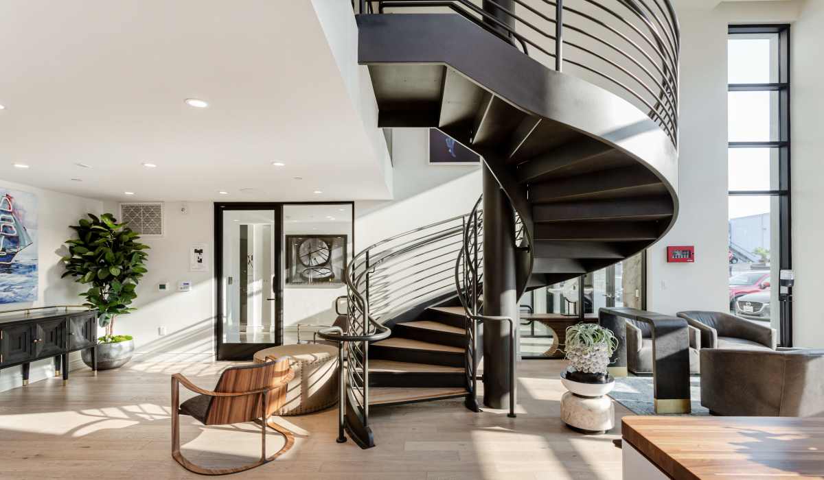 A spiral stair-case in the clubhouse at Prado West in Dana Point, California