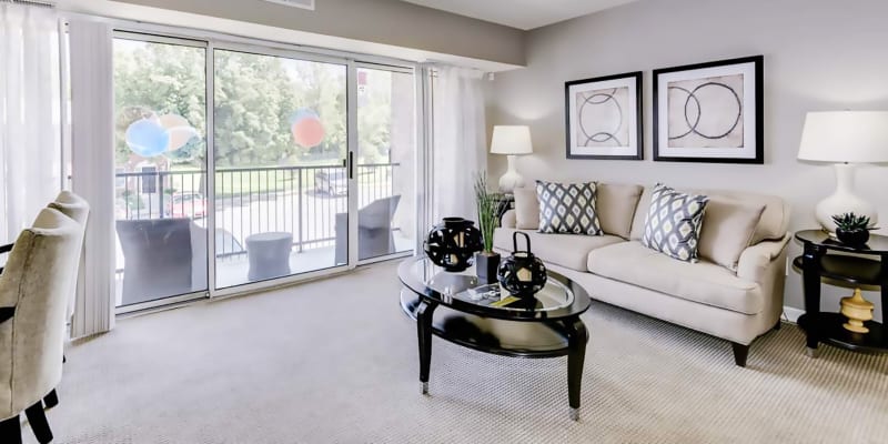 Model living room at Hampton Manor Apartments and Townhomes in Cockeysville, Maryland