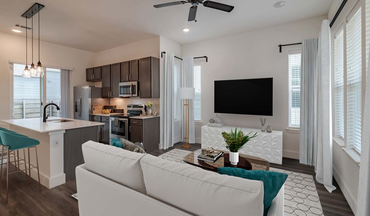 Modern kitchen with Island at Elevate at Skyline in McKinney, Texas