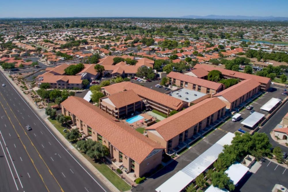 Side aerial view at The Citadel Senior Living in Mesa, Arizona