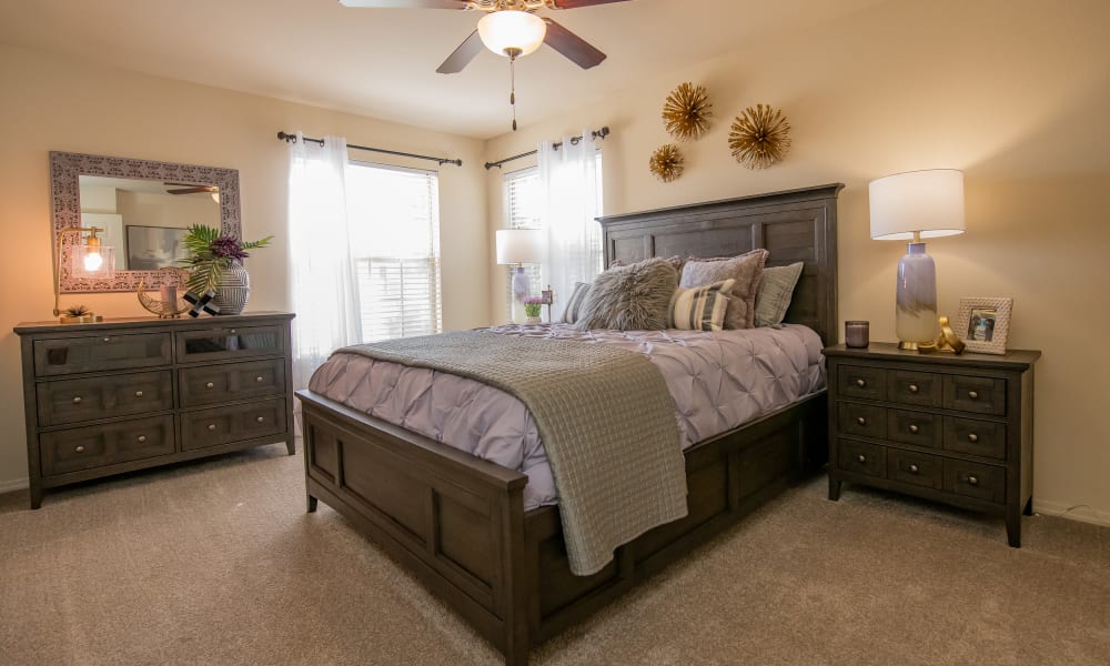 An apartment bedroom at Tuscany Hills in Tulsa, Oklahoma