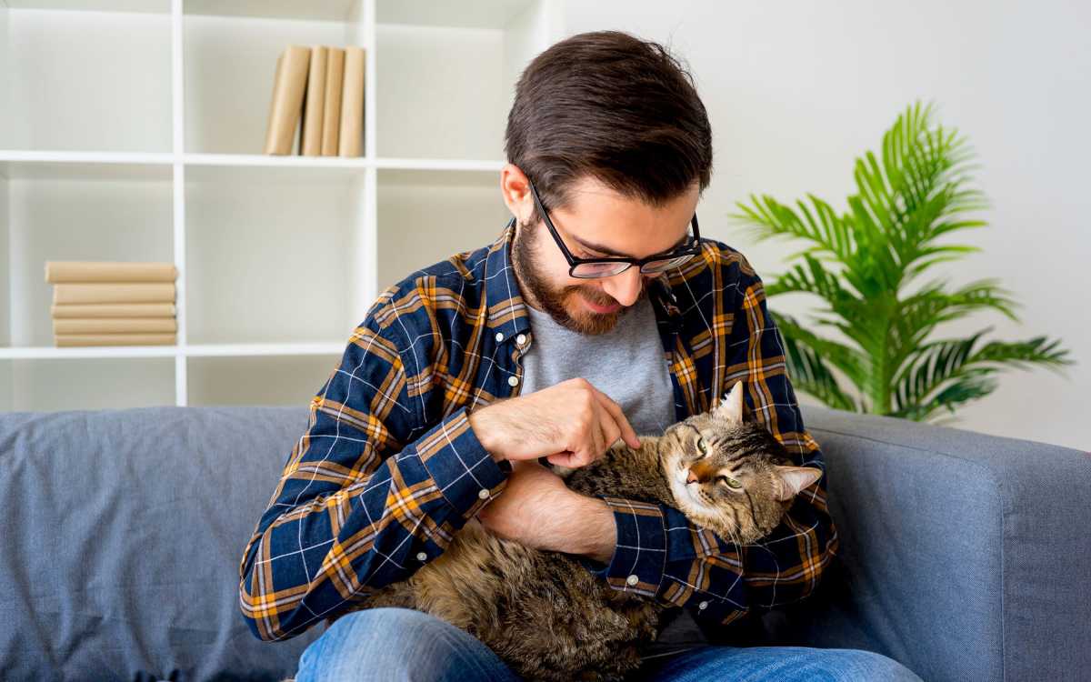 Resident playing with his cat sitting on the couch at The Ashton in Raleigh, North Carolina