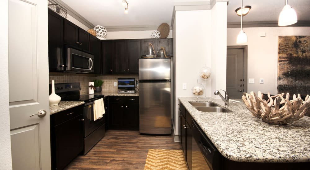 Modern stainless steel appliances in the kitchen at The Sovereign in Fort Worth, Texas