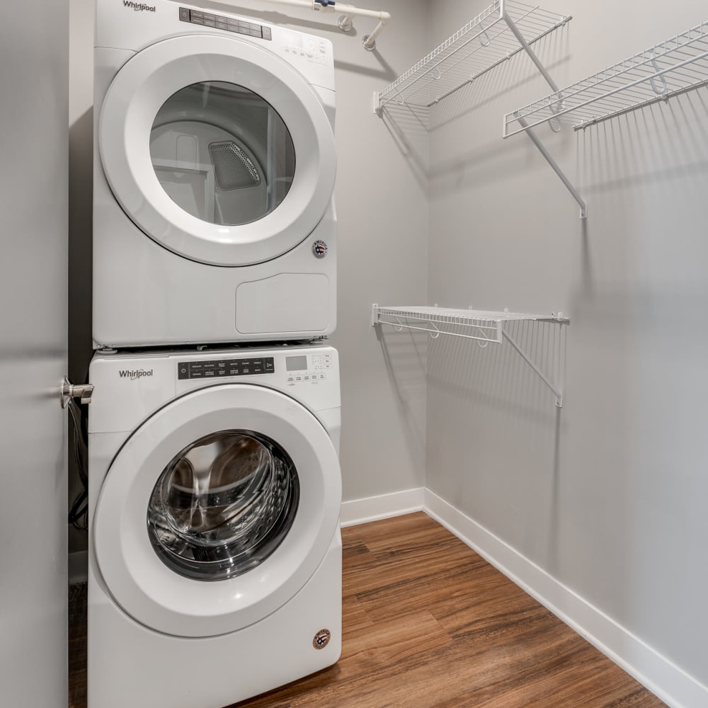 Washing machine and dryer within spacious closet at Marquee Living in Minneapolis, Minnesota