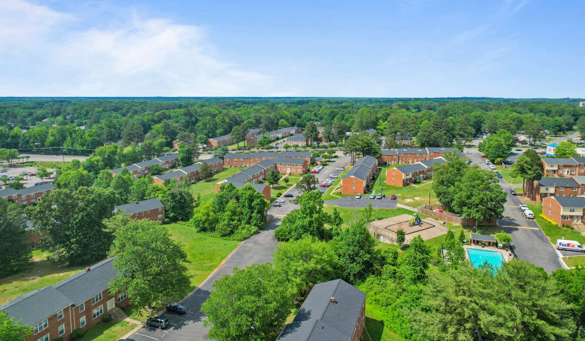 Aerial view of the apartments and pool at Landmark at Patterson in Richmond, Virginia