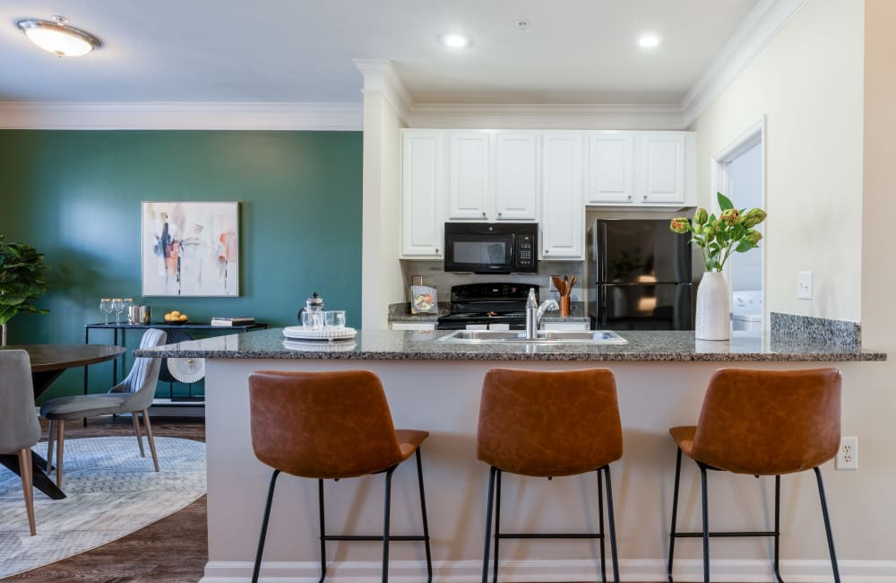 Modern kitchen with granite counter tops at Easton Commons Apartments & Townhomes in Columbus, Ohio