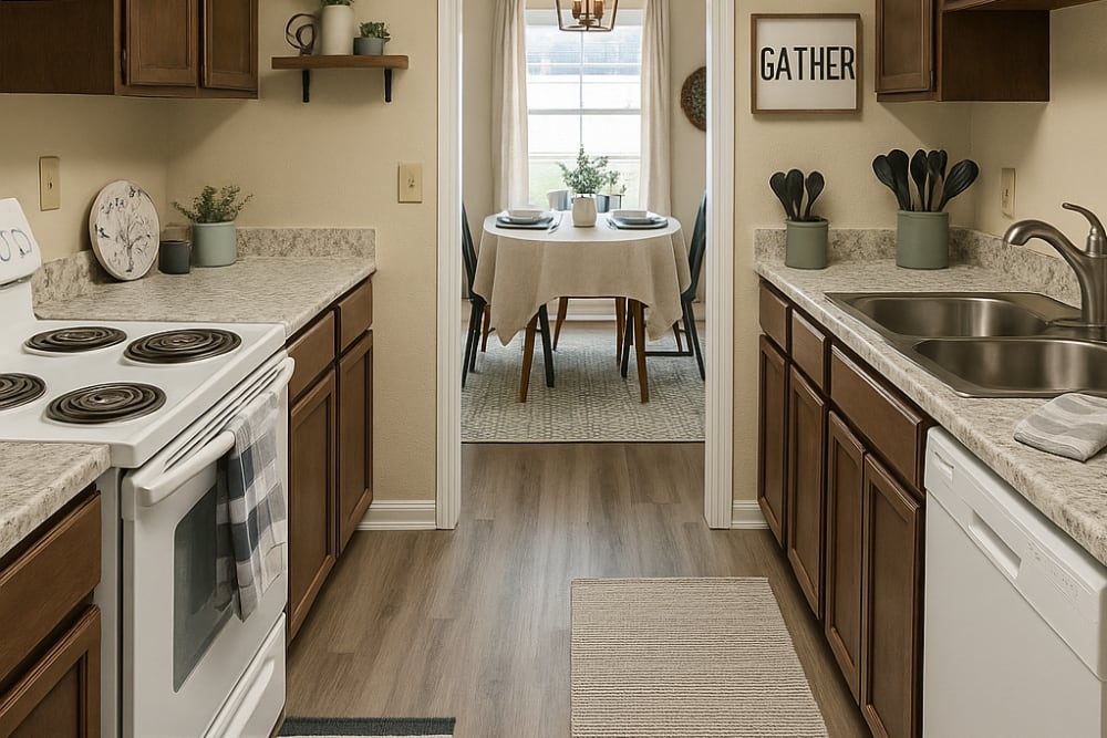 Apartment kitchen at Tabby Villa Apartments in Savannah, Georgia