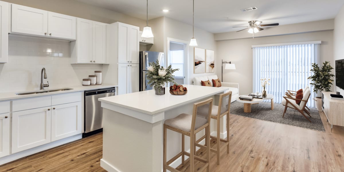 Modern kitchen with wood-style flooring at The Trail Lakes in Fort Worth, Texas
