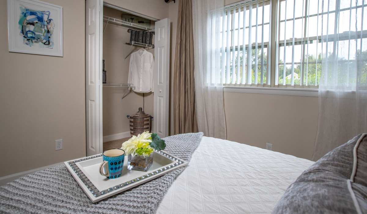 Model bedroom at Collins Crossing Apartments in Carrboro, NC